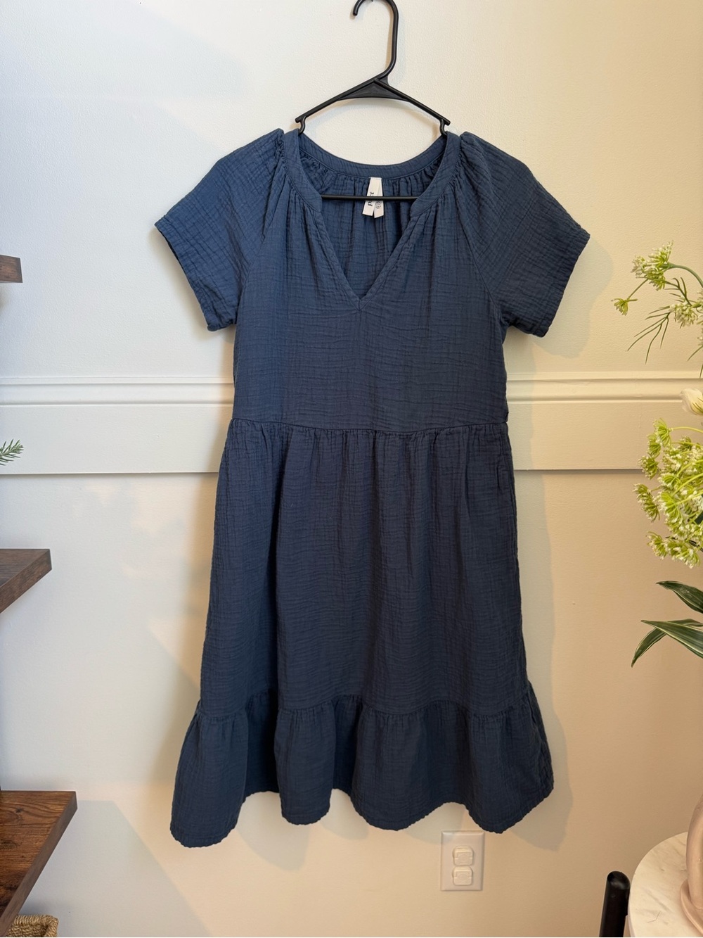 Pact Womens Navy Short Sleeve Tiered Cotton Dress